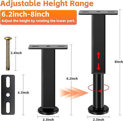 2PCS Adjustable Height Bed Support Legs, 6.2-8 Inch, Metal Heavy Furniture Legs with Rubber Non-Slip Base for Sofa/Cabinet/Couch/Dresser/Table, Furniture Feet Replacement for King Queen Bed Frame Slat
