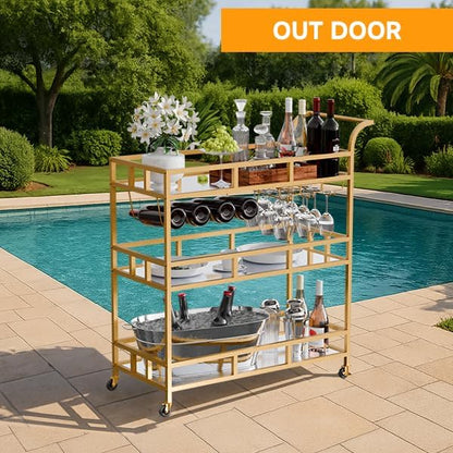 TONGMO Gold Bar Carts with 3 Tier Mirror Shelves, Home Bar Cart with Wine Rack and Glass Holder, Perfect for Indoor and Outdoor Use, Stylish and Functional Kitchen and Entertainment Space Addition