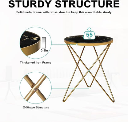 HLR Modern Round Side Table Set of 2, End Table with Marble Effect Top and Gold Metal Frame, Small Side Table for Living Room, Bedroom, Sofa and Couch, Gold Legs, Black Marble top