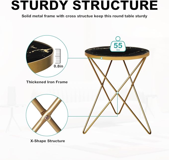 HLR Modern Round Side Table, End Table with Marble Effect Top and Gold Metal Frame, Small Side Table for Living Room, Bedroom, Sofa and Couch, Gold Legs, Black Marble top