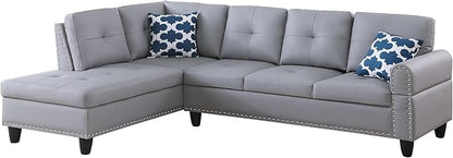 Ball & Cast 98" L Shaped Sectional Couch for Living Room,4 Seat Faux Leather Upholstered Modular Sectional Sofa Set 2 PCS with Chaise,Nailhead Trim,Cup Holders,Coffee Table and 2 Pillows for Home,Gray