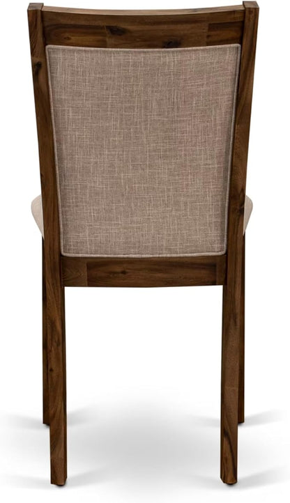 F3MZ5-50N-04 5-Pc Dining Room Set consists of a Pedestal Kitchen Table and 4 Light Tan Polyester Chairs with Padded Back - Antique Walnut