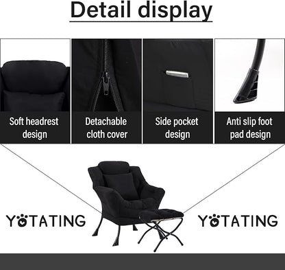 Lazy Chair with Ottoman, Comfy Reading Chair with Footstool & Pillow Modern Lounge Chair with Armrests & Side Pocket for Living Room, Bedroom, Dorm Room，Black