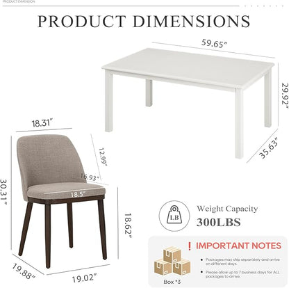 COLAMY 60 Inch Rectangular Kitchen Dining Table for 4, Modern Farmhouse Dining Table Set for 4, Wood Dining Table and Upholstered Dining Chairs for Kitchen, Dining Room, Restaurant, White/Camel