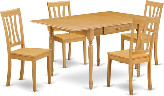 East West Furniture MZAN5-OAK-W 5 Piece Modern Dining Table Set Includes a Rectangle Wooden Table with Dropleaf and 4 Dining Room Chairs, 36x54 Inch, Oak