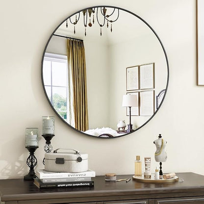 Black Round Bathroom Mirror, 20 inch Circle Wall Mounted Hanging Mirror with Simple Modern Circular Metal Frame for Hallway, Entryway, Living Room, Black Frame