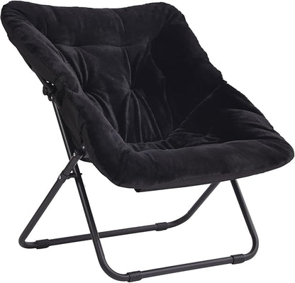 Saucer Chair, Comfy Bedroom Chairs, Oversized Folding Faux Fur Chair, Foldable Metal Frame Chair for Bedroom, Patio, Study, Playroom (Black)