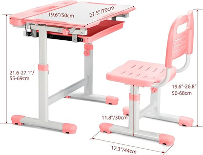 Rengue Kids Desk and Chair Set Height Adjustable Children School Study Desk and Chair with 55° Tiltable Desktop, 3 Mode & Brightness LED Lamps, Storage Drawer & Metal Hook for Boys Girls Gifts (Pink)