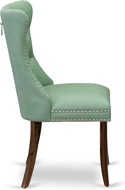 LEDA9-AWA-22 9-Piece Modern Dining Table Set Includes a Kitchen Table and 8 Willow Green Polyester Fabric Dinner Chairs with Button Tufted Back - Antique Walnut Finish