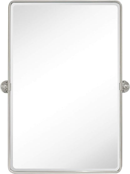 TEHOME 20x30'' Brushed Nickel Pivot Mirror Rectangle Bathroom Vanity Mirror Brushed Silver Rounded Corner Metal Framed Tilting Beveled Vanity Wall Mirrors