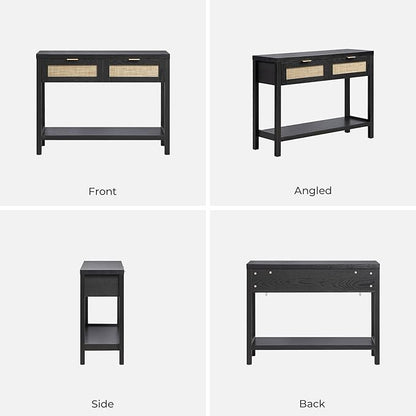SICOTAS Black Console Table Set of 2 - Boho Entryway Table with Rattan Drawers, 2 Tier Shelf, Narrow Long Sofa Tables for Living Room, Entry Table for Hallway, Foyer