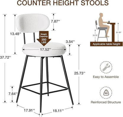 HOMMPA Counter Height Swivel Bar Stools Set of 2 Boucle Barstools 26'' Upholstered Modern Counter Barstools with Back Metal Legs Bar Stools Chairs for Kitchen Counter Island White