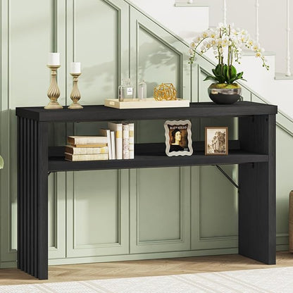 BON AUGURE Console Table with Storage, Black Entryway Table, Wooden Couch Tables Behind Sofa for Living Room, 2 Tier Front Door Entrance Tables (Black Oak, 47 Inches)