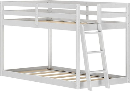 Grain & Grove Bear Twin Over Twin Bunk Bed, Low Bunk Bed Frame for Kids, Bunk with Ladder, Guardrail, and Slats, No Box Spring Required, Brushed White