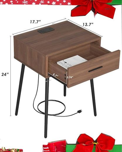 HAIOOU Mid Century End Table with Charging Station, Modern One Drawer Nightstand Side Table with Premium Matte Black Handle and Pine Wood Legs for Home Bedroom Living Room