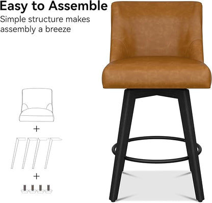 Counter Height Bar Stools Set of 2, Modern Swivel Barstools with Back and Wood Legs, Faux Leather Upholstered Counter Height Stools, 26" H Kitchen Island Stools, Home Bar, Whisky Brown