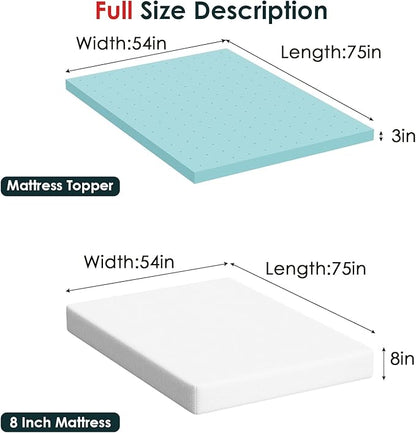 FDW | 8" Full Mattress + 3" Cooling Mattress Topper | Gel Memory Foam | Medium Firm Feel | White | with Washable Cover for Cool Sleep and Pressure Relief | Bed in a Box, CertiPUR-US Certified