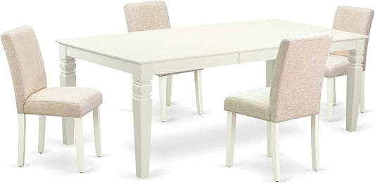 East West Furniture LGAB5-LWH-02 5 Piece Dining Set Includes a Rectangle Dining Room Table with Butterfly Leaf and 4 Light Beige Linen Fabric Upholstered Chairs, 42x84 Inch, Linen White