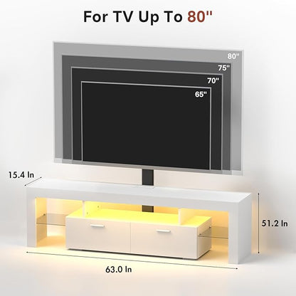 Redkey Modern TV Stand with Mount - TV Console with 2AC Outlets - Television Stands with RGB Led Light for 75 Inch TVs - Double Cabinet - 40°Adjustable Amplitude - White