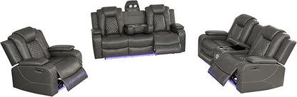 Ball & Cast Power Recliner Sofa Set Leather Reclining Sofa Set Living Room Furniture Set 3PCS Recliner Couch Loveseat & Chair Sets with Wireless Charging,Bluetooth Speaker,Cup Holders for Home Theater