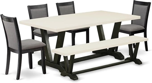 East West Furniture V627MZ650-6 6 Piece Modern Dining Table Set Contains a Rectangle Wooden Table and 4 Dark Gotham Grey Linen Fabric Parson Chairs with a Bench, 40x72 Inch, Multi-Color