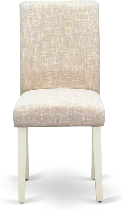 East West Furniture AMAB3-LWH-02 3 Piece Dining Room Furniture Set Contains a Round Dining Table with Pedestal and 2 Light Beige Linen Fabric Upholstered Chairs, 36x36 Inch, Linen White