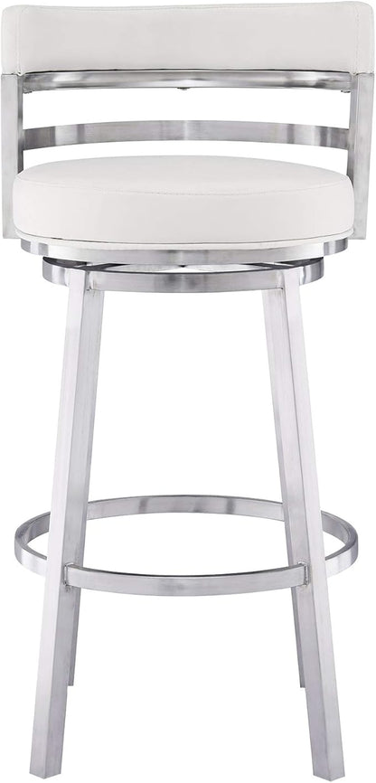 Armen Living Titana 26" Counter Height Swivel White Faux Leather and Brushed Stainless Steel Bar Stool