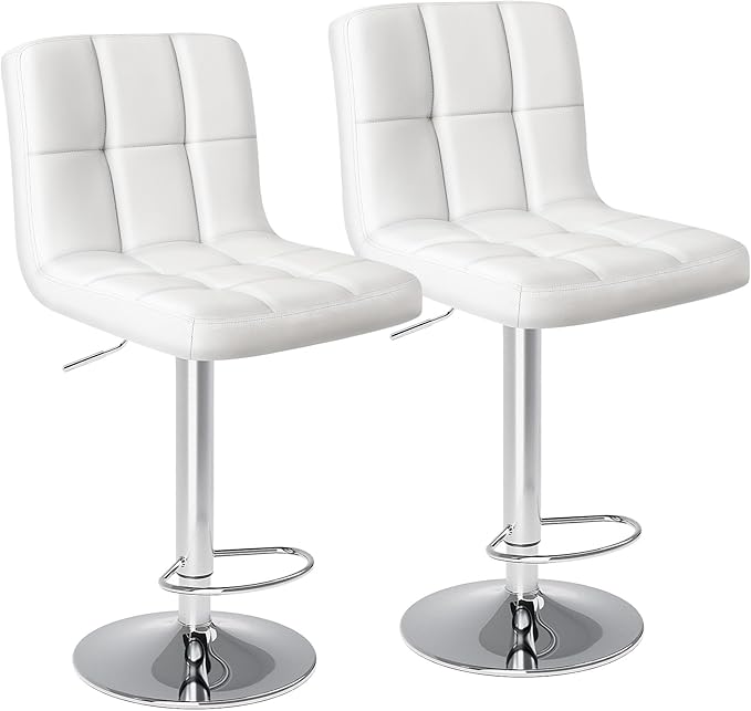 DUMOS Bar Stools Set of 2, Armless Adjustable Swivel Barstools, PU Leather Hydraulic Kitchen Counter Height Bar Stools, Thickened Seat Cushion Square Island Barstools with Back, White