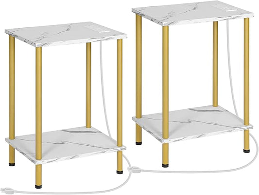 HOOBRO Side Table with Charging Station, Set of 2 End Tables with USB Ports and Outlet, Nightstand with 2-Layer Storage Shelves for Small Spaces, Living Room, Bedroom, Gold and Marble DM09UBZP201