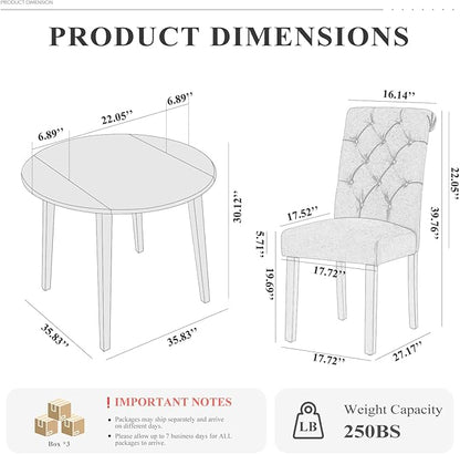 COLAMY 5-Piece Extendable Dining Table Set for 4, 36" Kitchen Round Wood Table with 4 Tufted Dining Room Chairs,Light Brown/Blue