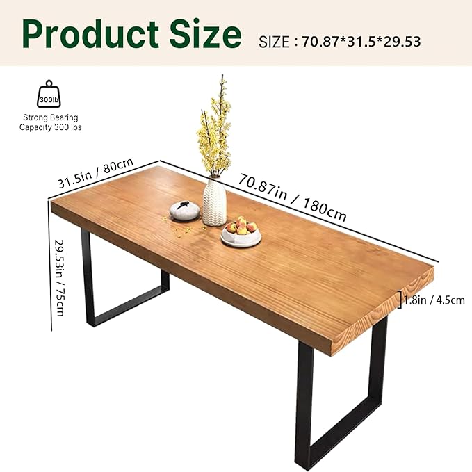 Stylish Modern Minimalist Solid Wood Dining Table with Sturdy Metal Base – Easy Assembly, Versatile Design for Dining Rooms, Living Rooms, and Offices (70.8 * 31.5 * 29.5)