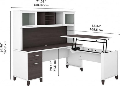 Bush Furniture Somerset 72W 3 Position Sit to Stand L Shaped Desk with Hutch in White and Storm Gray