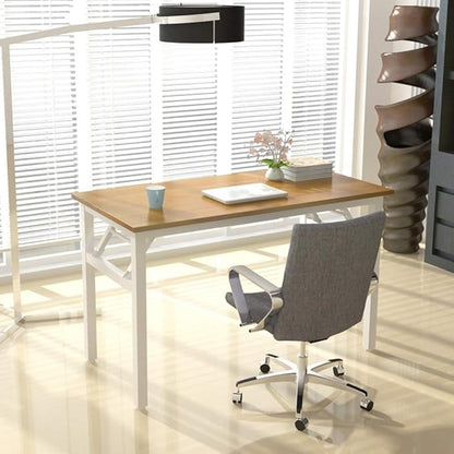 SDHYL 47 inches No Assembly Foldable Computer Desk for Home Office Workstation, Simple Folding Study and Writing Table with Metal Frame, Teak and White