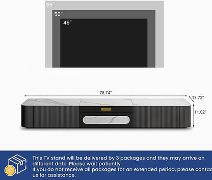 POVISON Fully-Assembled Modern TV Stand for Projector, Sintered Stone Entertainment Center with Storage for 65 inch TV, Wood TV Console, Media Console for Living Room Bedroom