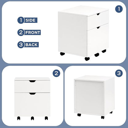 HollyHOME 2-Drawer Wood File Cabinet, Under Desk Cabinet for Home Office, Rolling Storage Shelf for Home, Printer Stand, for A4, Letter-Size, 11.8in Hanging File Folders, White