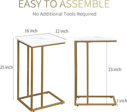 C Shaped End Table Set of 2, Small Side Table for Sofa and Bed, Couch Tables That Slide Under, Snack Side Table for Living Room, Bedroom, White Faux Marble and Gold