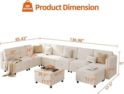 Modular Sectional 9-Seat Sofa, L Shaped Sectional Couch with Removable Storage Ottoman, Convertible Sleeper Sofa Suitable for Living Room, Bedroom, and Apartments, Beige