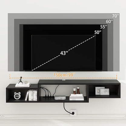 IBUYKE 59" Floating TV Stand Wall Mounted with Power Outlet,Wood Wall Mounted Media Console Shelf,Floating Entertainment Center for Under TV Storage for Living Room Bedroom Office,Black WST007B