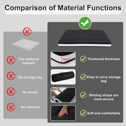 Tiita Memory Foam Mattress Topper Twin Size, 4" Thicken Futon Mattress with Storage Bag and 2 Straps, Portable Roll Up Travel Car Camping Mattress Floor Sleeping Pad, Black