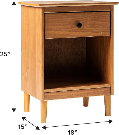 Walker Edison Traditional Wood 1 Drawer Nightstand Side Table Bedroom Storage Drawer and Shelf Bedside End Table, 18 Inch, Caramel