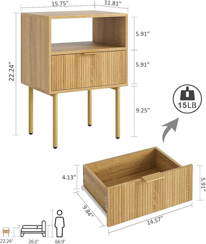 Masupu Night Stand,Mid-Century Modern Bedside Table with Storage Drawer and Open Wood Shelf,Small Gold Frame Side Table for Bedroom,Living Room, Natural