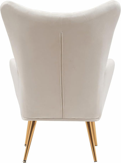Container Furniture Direct Modern Chic Mid-Century Velvet Accent Armchair for Living Room, Bedroom, or Home Office, Button-Tufted Wingback Design with Gold Flared Legs, Ivory