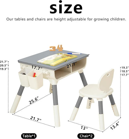 Kids Study Desk and Chair Set Height Adjustable Graffiti Desktop Storage Drawer Storage Basket Non Slip Legs Suitable for Max Weight of 220 Pounds Suitable for Children Aged 2-10(Grey 2Chair)