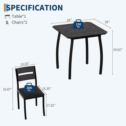 Small Dining Table Set for 2,3-Piece Kitchen Table Set with Thick Wood Grain Tabletop & 2 Upholstered Chairs & Metal Frame, Compact Table Set for Small Spaces, Kitchens & Dining Rooms (Black)