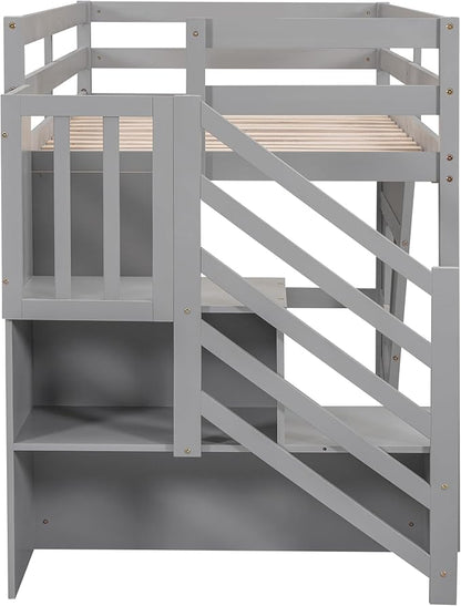 Twin Size Loft Bed with Storage Staircase and Window,Wood Twin Loft Bunk Bedframe with Full-Length Guardrail and Sturdy Slat Support, No Noise,No Box Spring Needed,for Kids,Teens,Boys,Girls,Gray