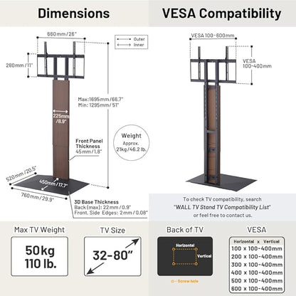WALL V3 High Type TV Stand w/Multi-Device Holder and Soundbar Shelf L Black Set | Sleek Japanese 32-80 Inch Universal Side TV Stand Adjustable Mount, No Drill | Sleek Soundbar Shelf | Walnut