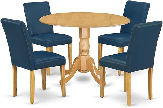 East West Furniture DLAB5-OAK-55 5 Piece Dining Room Furniture Set Includes a Round Dining Table with Dropleaf and 4 Oasis Blue Faux Leather Parsons Chairs, 42x42 Inch, Oak