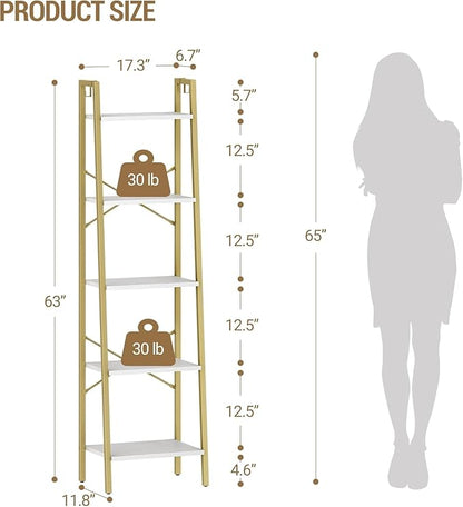 Ladder Shelf, Bookshelf Bookcase, Freestanding Corner Storage Shelve with 2 Hooks for Home Office, Living Room, Kitchen, Bedroom, Industrial, 5-Tier White Gold BC19213G
