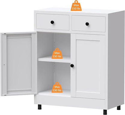 Metal Storage Cabinet with 2 Drawers and Adjustable Shelf, Sideboard Buffet Cabinet for Home, Office, Hallway, Entryway, Living Room, Kitchen Pantry and Dining Room (34.8" H, with Feet, White)