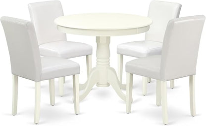 East West Furniture ANAB5-LWH-64 5 Piece Dining Room Table Set Includes a Round Kitchen Table with Pedestal and 4 White Faux Leather Upholstered Parson Chairs, 36x36 Inch, Linen White